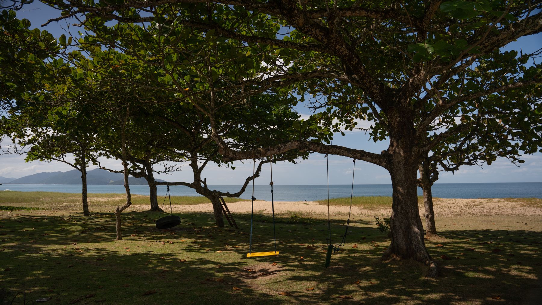 Copas de árvores fazendo sombra sobre a grama, um balanço pendurado e o mar da Praia do Capricórnio logo atrás